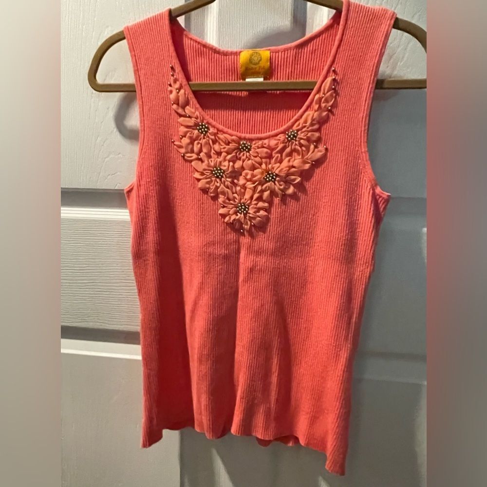 Womens Tanktop Sleeveless Top Size PL Petite Orange Beads Flower
